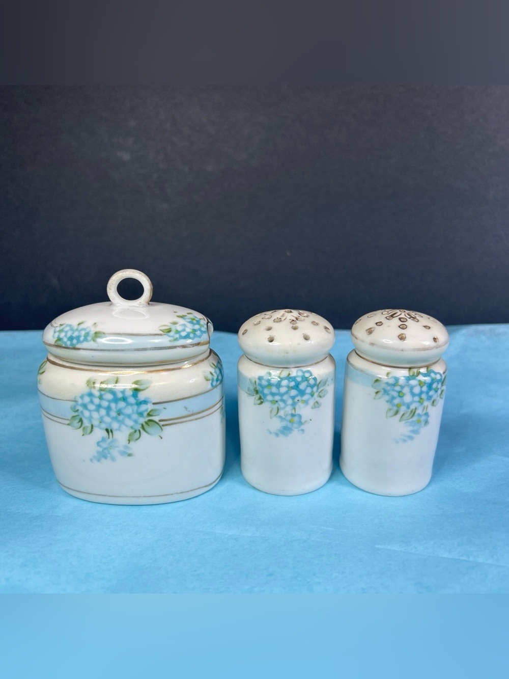 Antique Nippon salt and pepper shaker sugar dish with lid blue gold hydrangeas